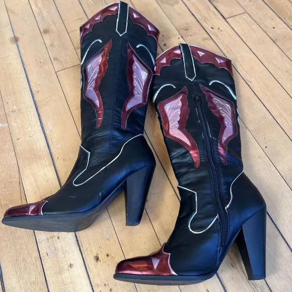 Current Mood Black Pink Shimmer Butterfly Cowboy Boots Size 6 - Picture 2 of 11